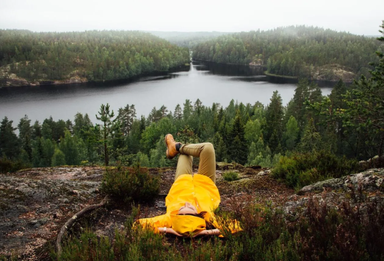 Hiker forest bathing at Repovesi National Park